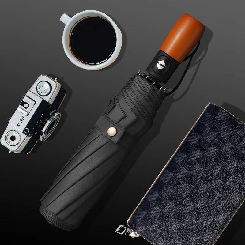 Compact Windproof Automatic Travel Umbrella with Wooden Handle Bowlift