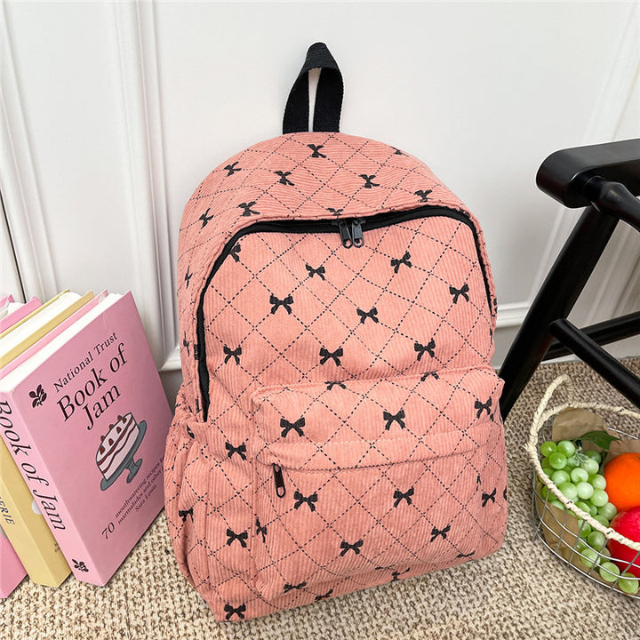 Casual Bow-Embellished Corduroy Backpack