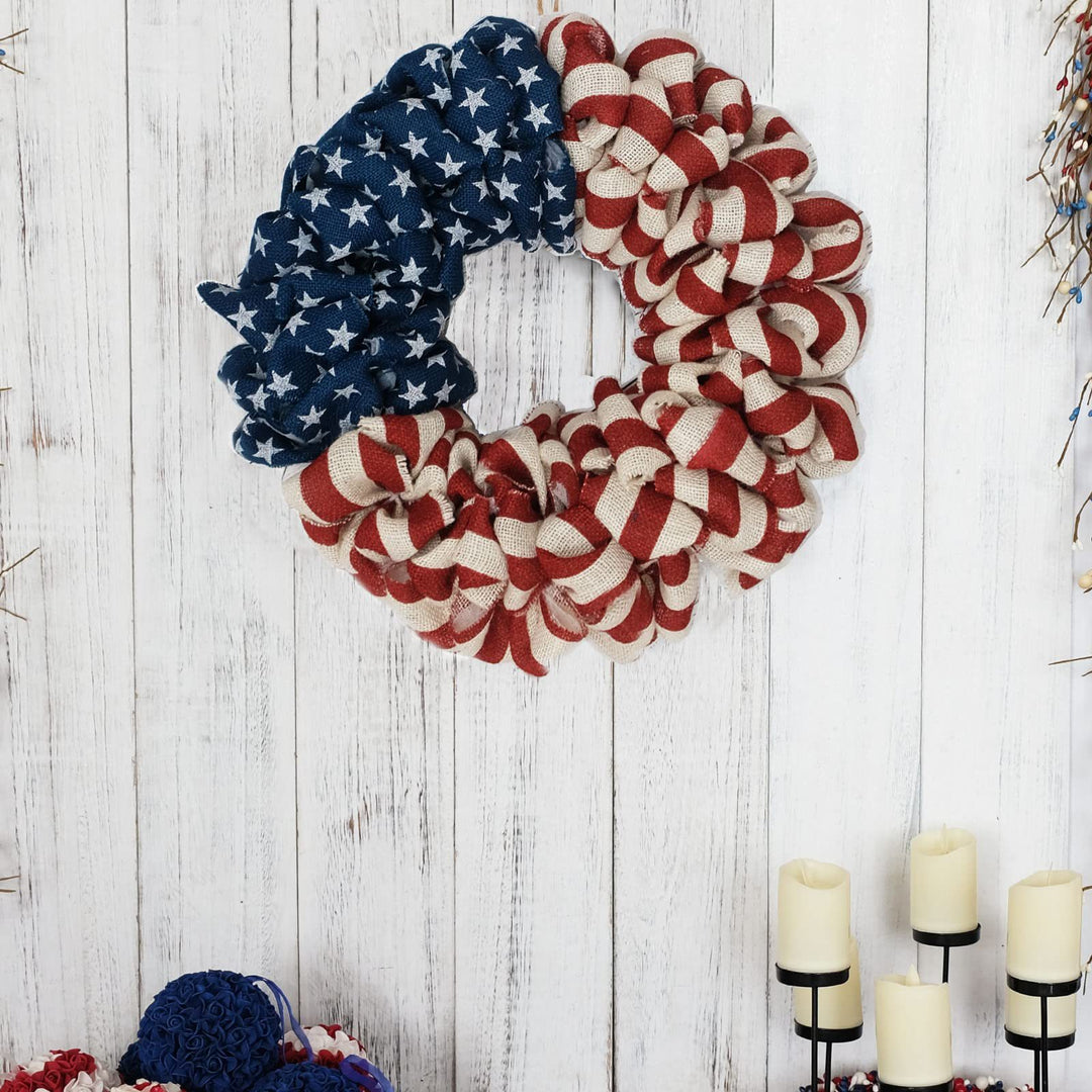 Unisex nan patriotic burlap looped front door wreath with star and stripe Americana pattern Bowlift