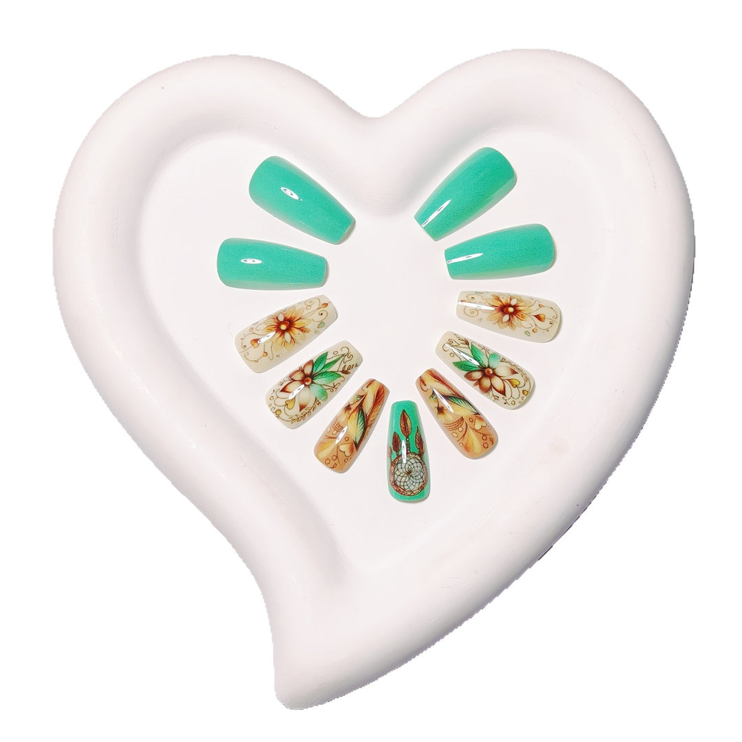 Creative artificial nails with floral and dreamcatcher design elements Bowlift