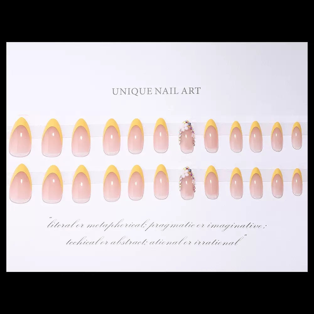 Artificial nail set with elegant French design and 3D flower decorations Bowlift