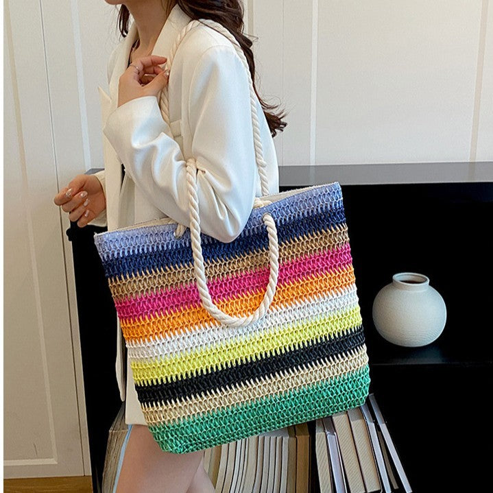 Striped Crochet Beach Tote with Rope Handles and Lined Interior Bowlift