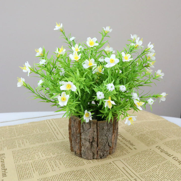 Lifelike Floral Arrangement with Rustic Wood Pot