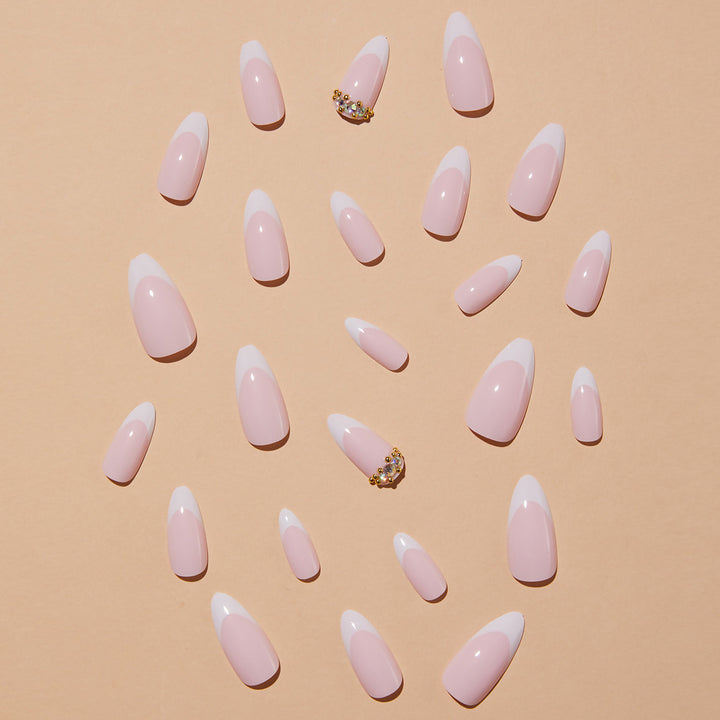 Elegant artificial nails with stylish French design and glitter accents Bowlift