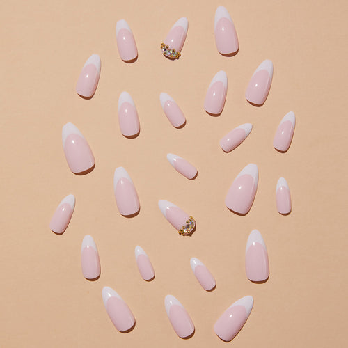 Elegant artificial nails with stylish French design and glitter accents Bowlift