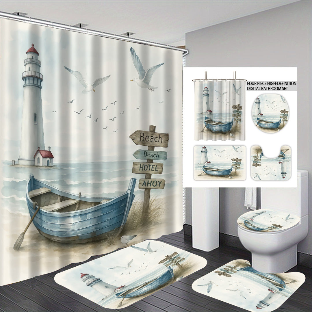 Coastal Lighthouse-Themed Four-Piece Bathroom Set Bowlift