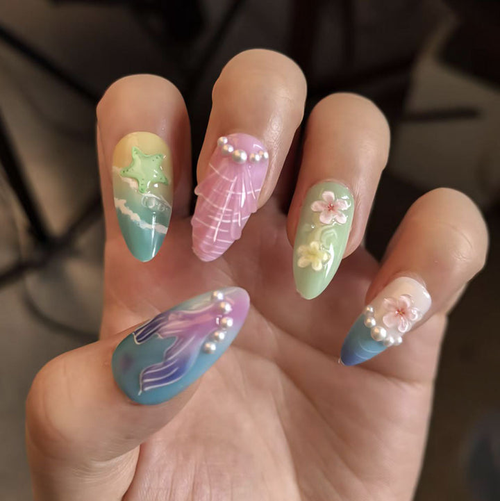 Artistic Ocean-Themed Press-On Nail Set Bowlift