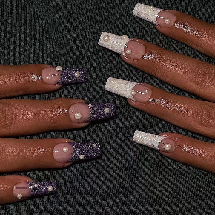 Artful Gel Nails with Elegant Floral Design and Glitter Accents Bowlift