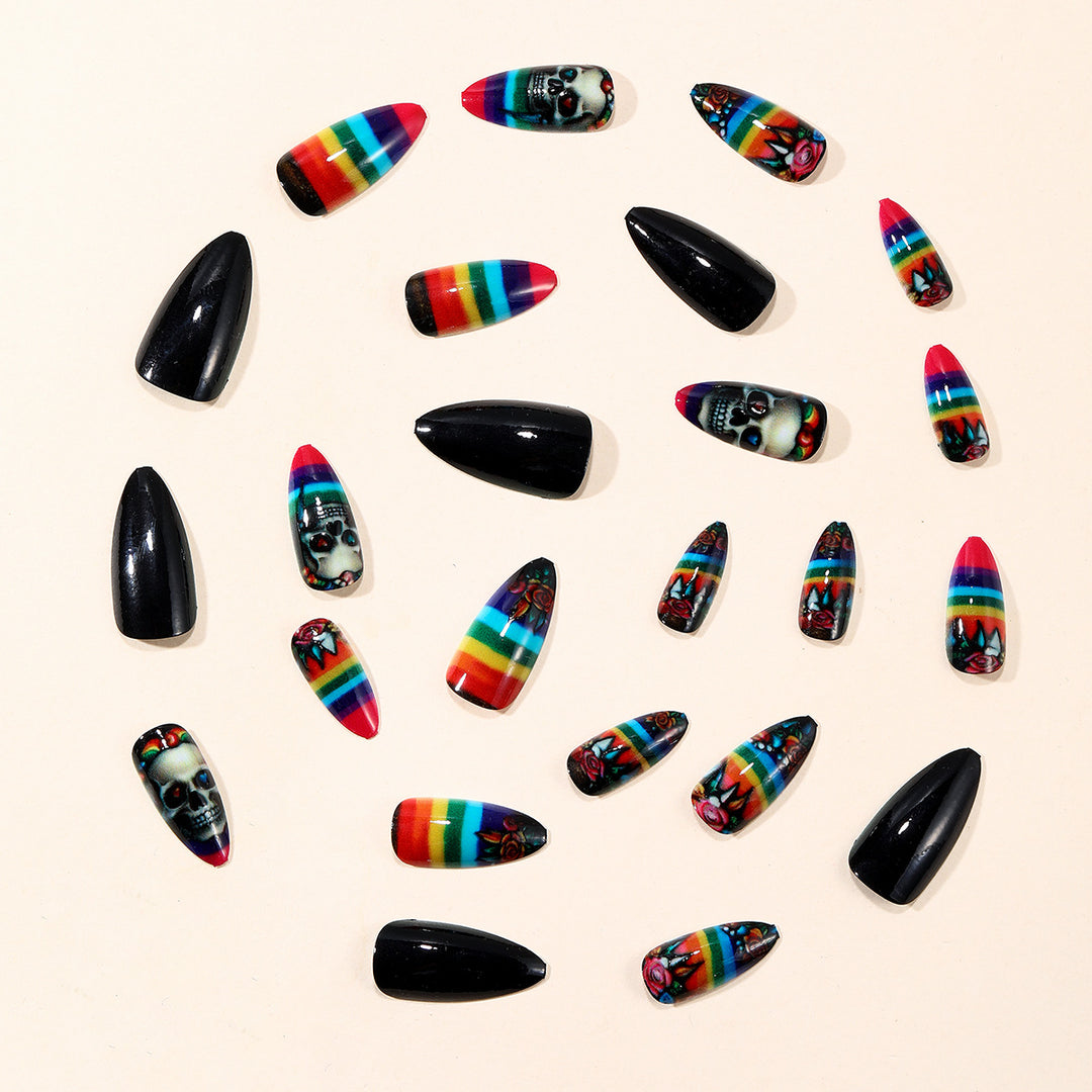 Artistic Skull-Themed Stiletto Nail Art Extensions Bowlift