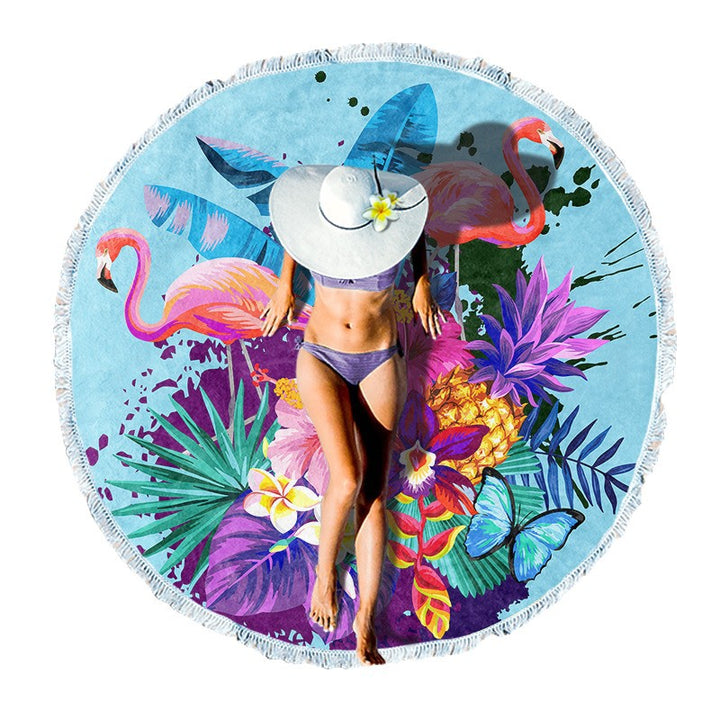 Round beach towel with tropical leaf print and fringe decoration Bowlift