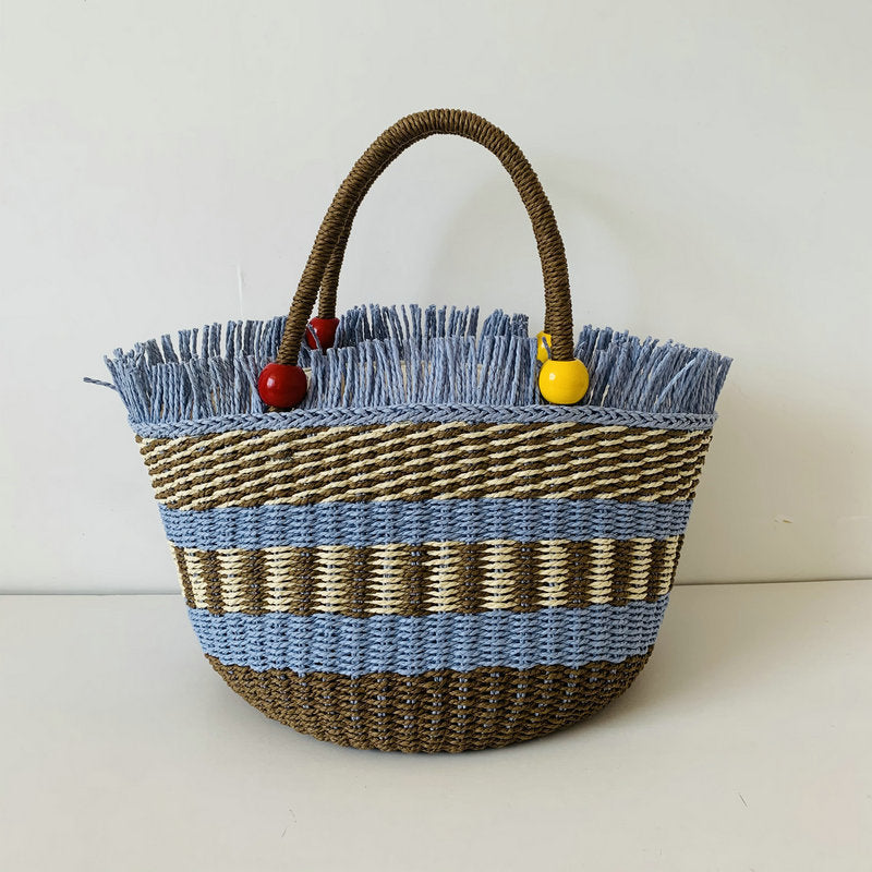 Generous braided tote bag with colorful fringed edge Bowlift