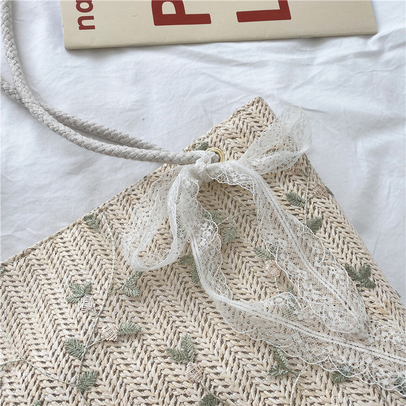 Woven Straw Beach Tote Bag with Decorative Ribbon