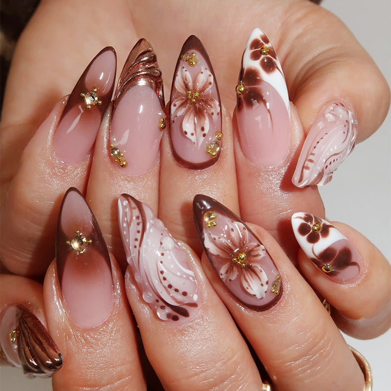 Decorative Press-On Nail Set with Intricate Floral and Ombre Design Bowlift
