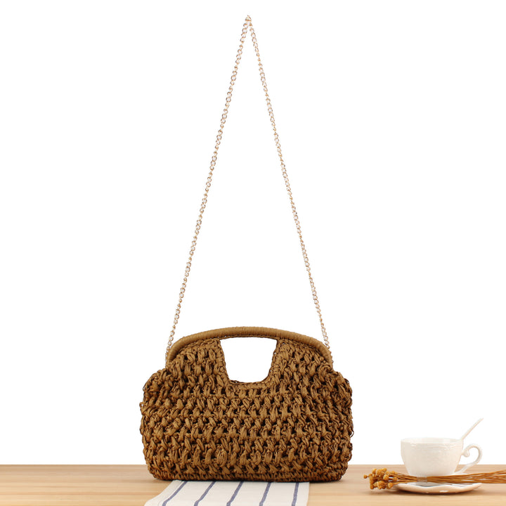 Fine straw shoulder bag with elegant chain accents Bowlift