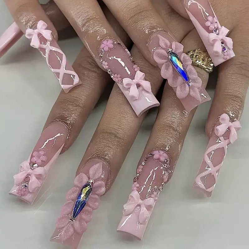 3D Floral Embellished Long Nail Extensions Bowlift