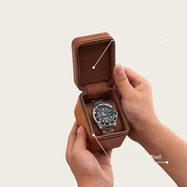 Leatherette Travel Watch Case with Suede-Lined Interior and Tool Pouch Bowlift