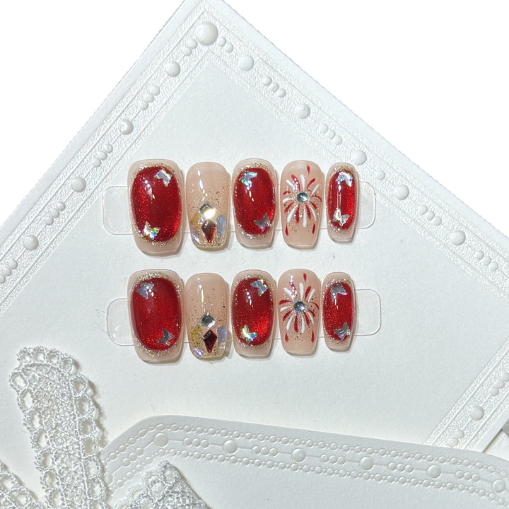 Artistic Press-On Nail Set with Glitter and Star Accents Bowlift