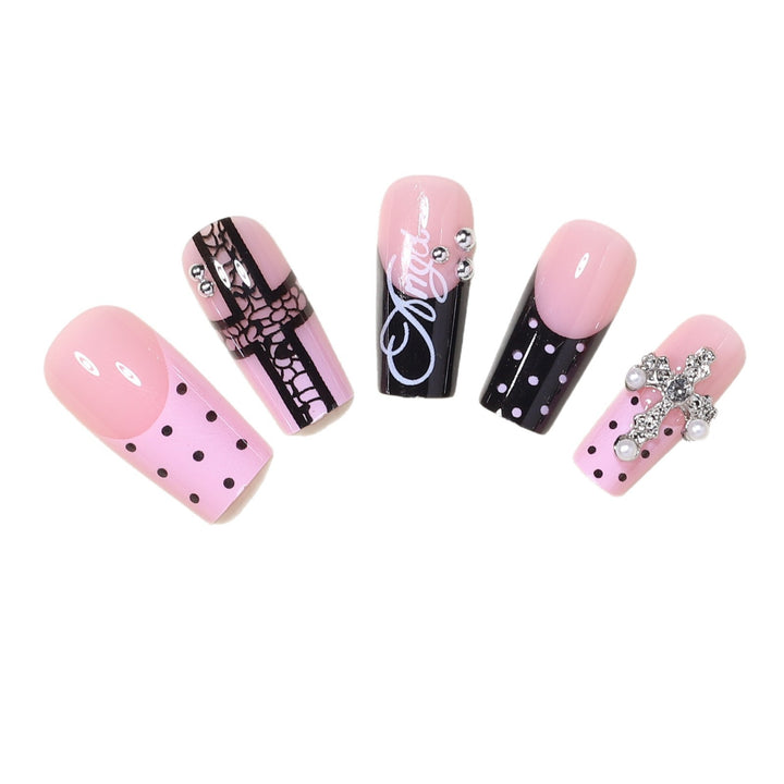 Artistic Long Press-On Nail Design Set with Cross Accents Bowlift