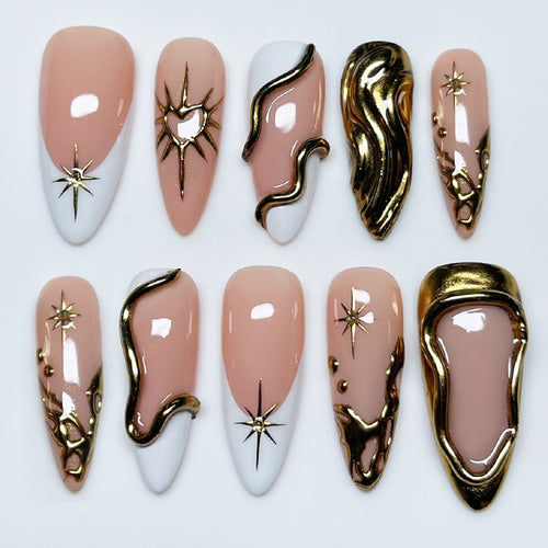 Premium Decorative Press-On Nail Set with Gold Accents Bowlift
