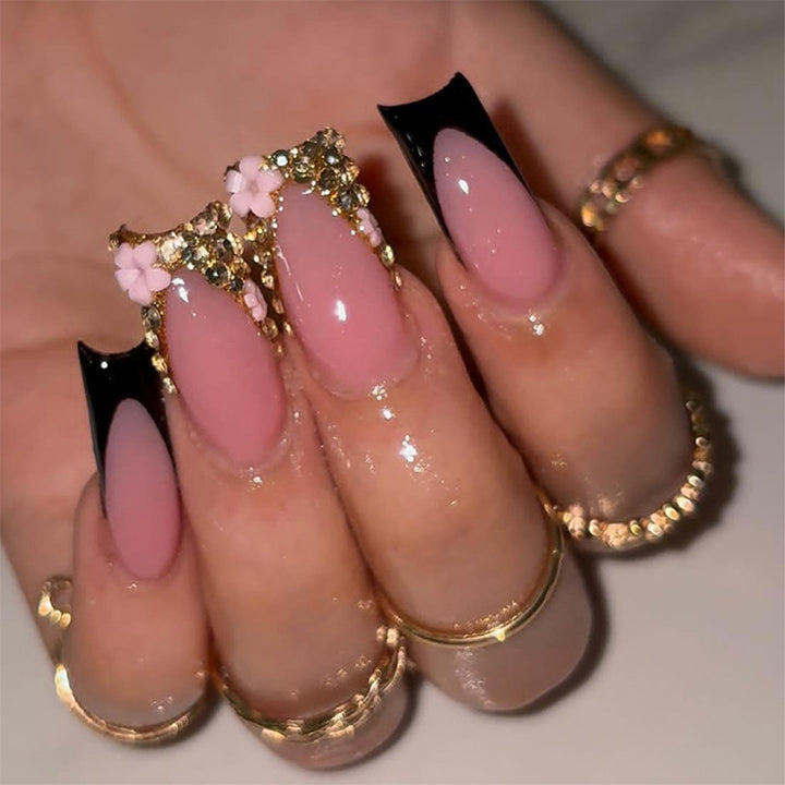 Elegant Press-On Nail Set with Rhinestone and Glossy Accents Bowlift