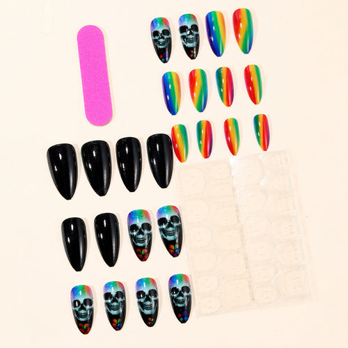 Artistic Skull-Themed Stiletto Nail Art Extensions Bowlift