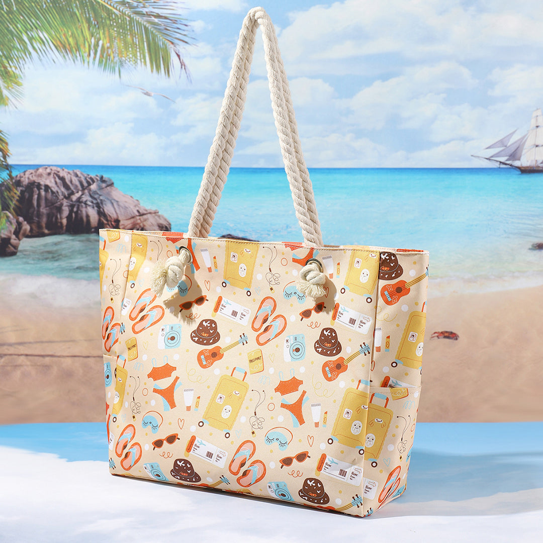 Large Canvas Rope-Handle Beach Tote Bag with Printed Flip-Flop Pattern Bowlift