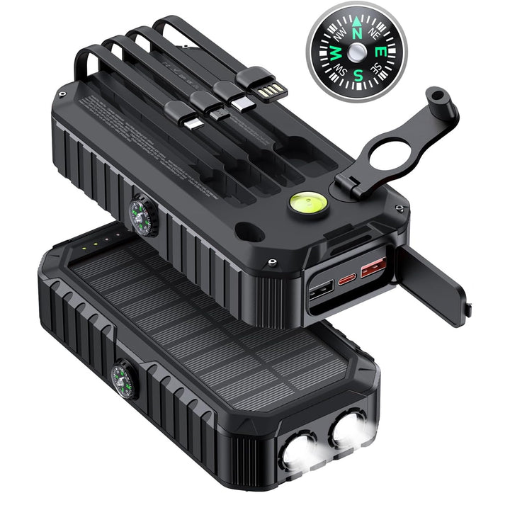 Solar Power Bank with Integrated Charging Cables and LED Flashlight Bowlift