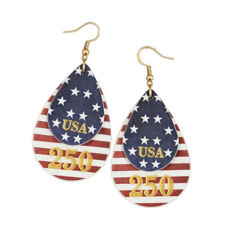 Women's nan layered teardrop patriotic faux leather dangle earrings with gold-tone fishhook Bowlift