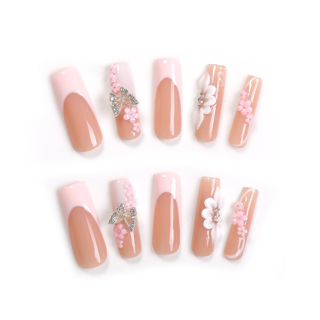 Artificial nail set with floral and extravagant 3D decorations Bowlift