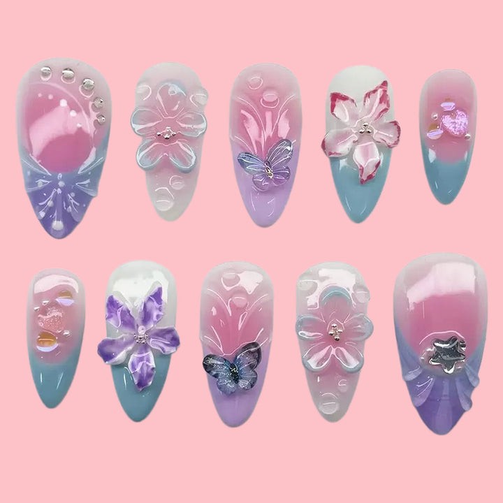 Artful Nail Art with Floral Details and Butterflies Bowlift