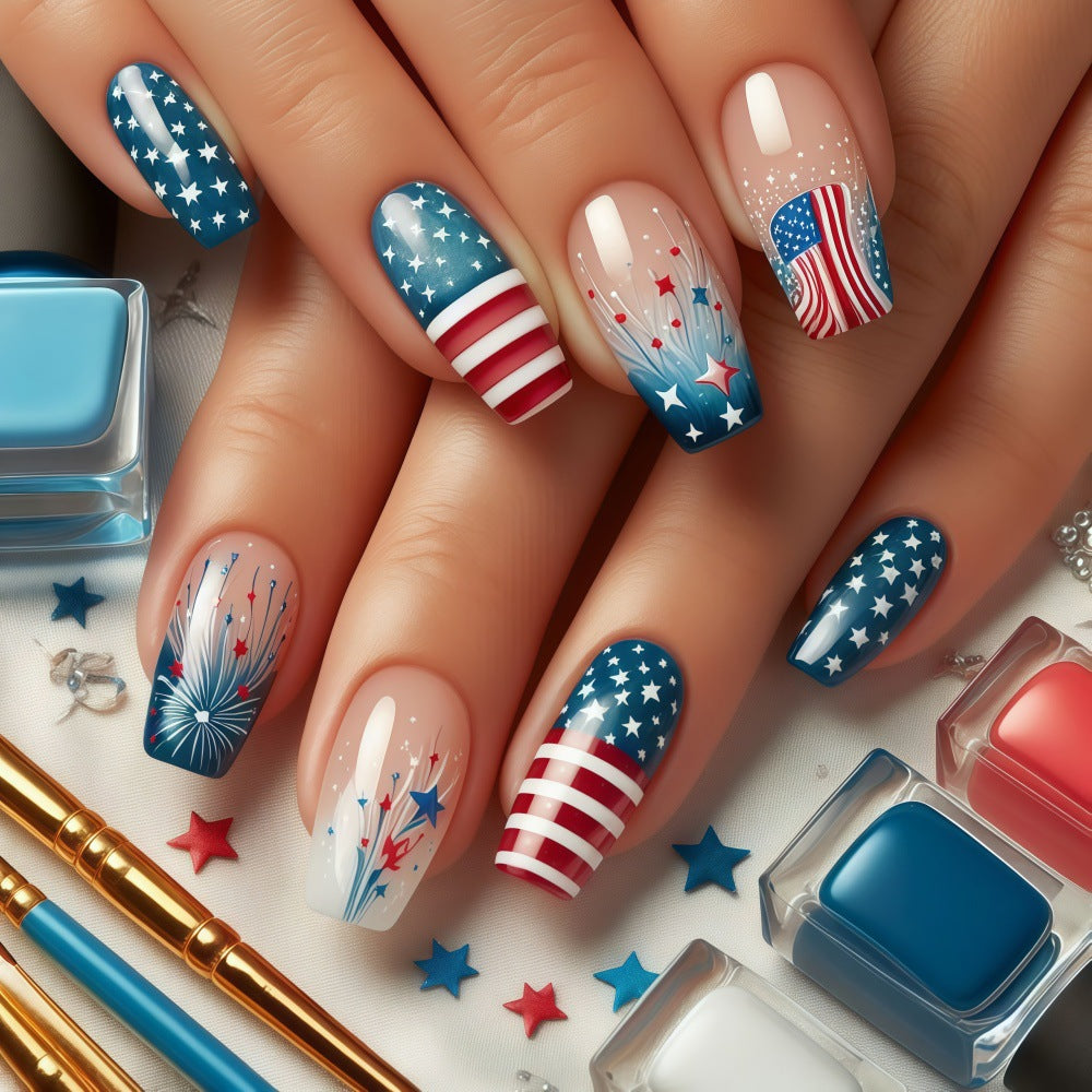 Women's nan long coffin press-on nails patriotic flag starburst full cover reusable Bowlift