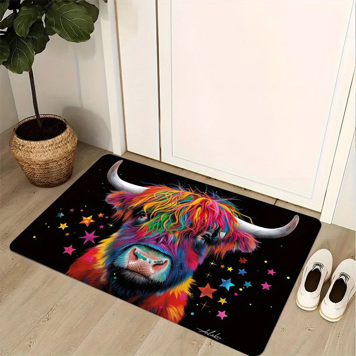 Colorful Highland Cow-Themed Area Mat