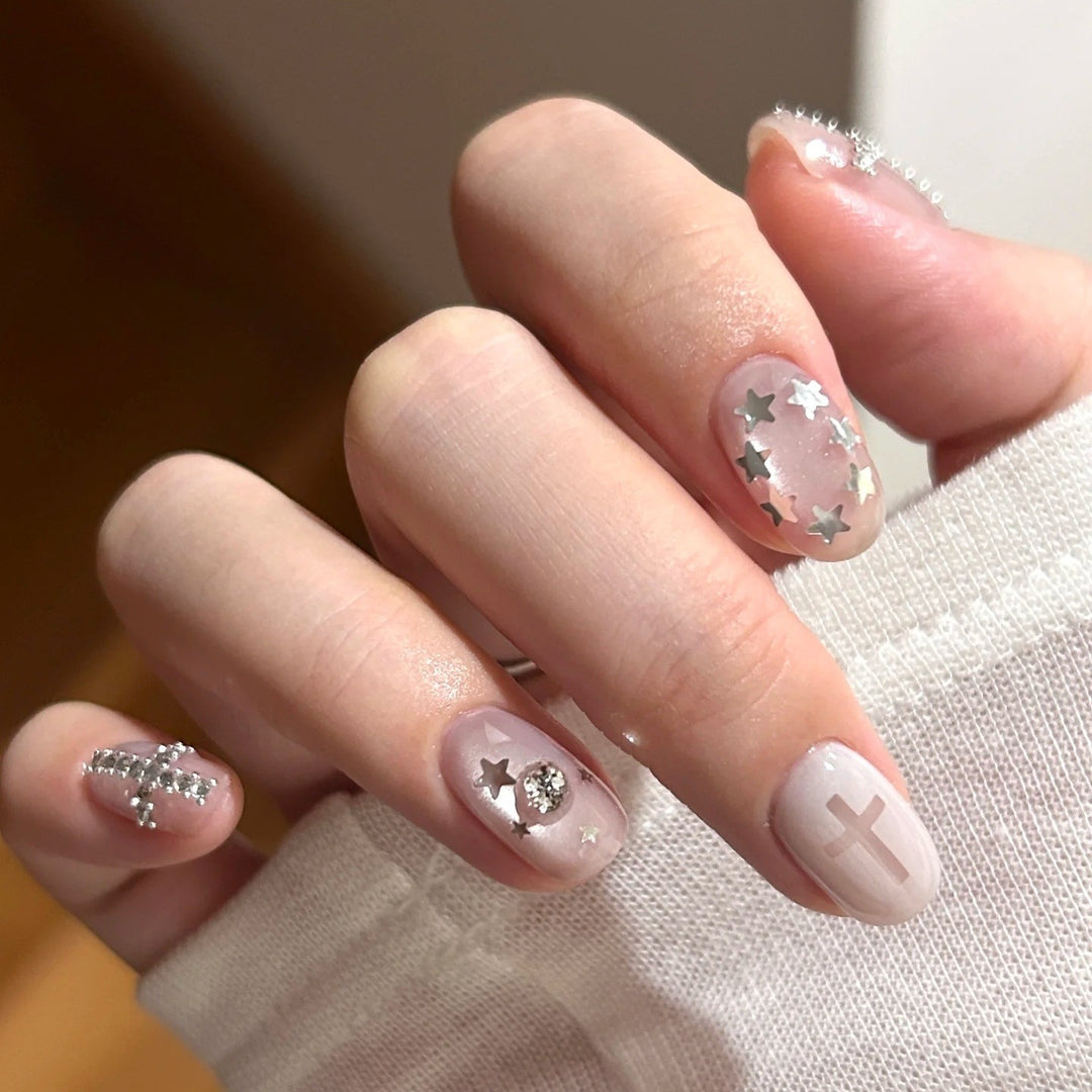 Decorative Press-On Nail Art Set with Star and Cross Designs Bowlift