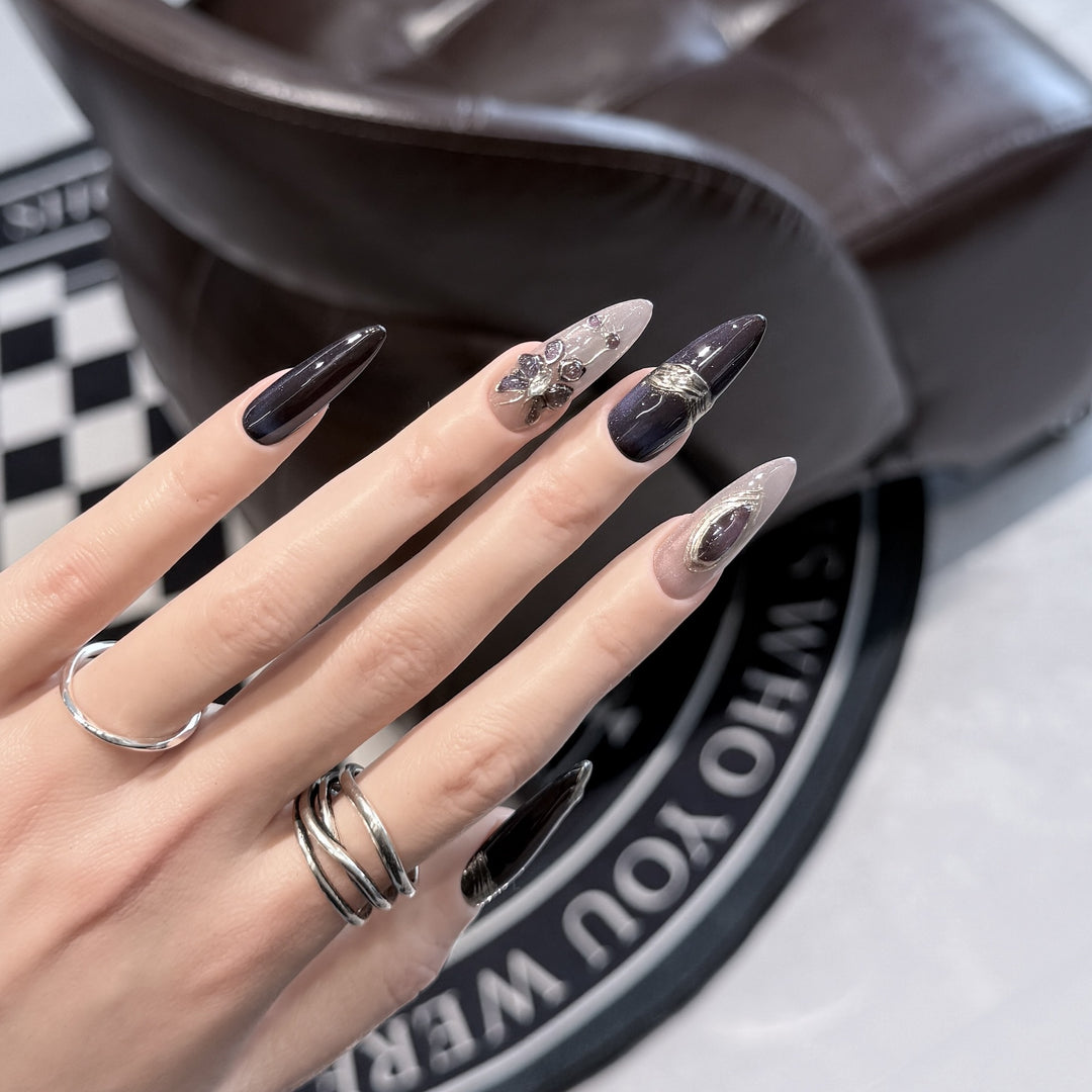 Elegant Stiletto Press-On Nail Art Set with Gemstone Accents Bowlift