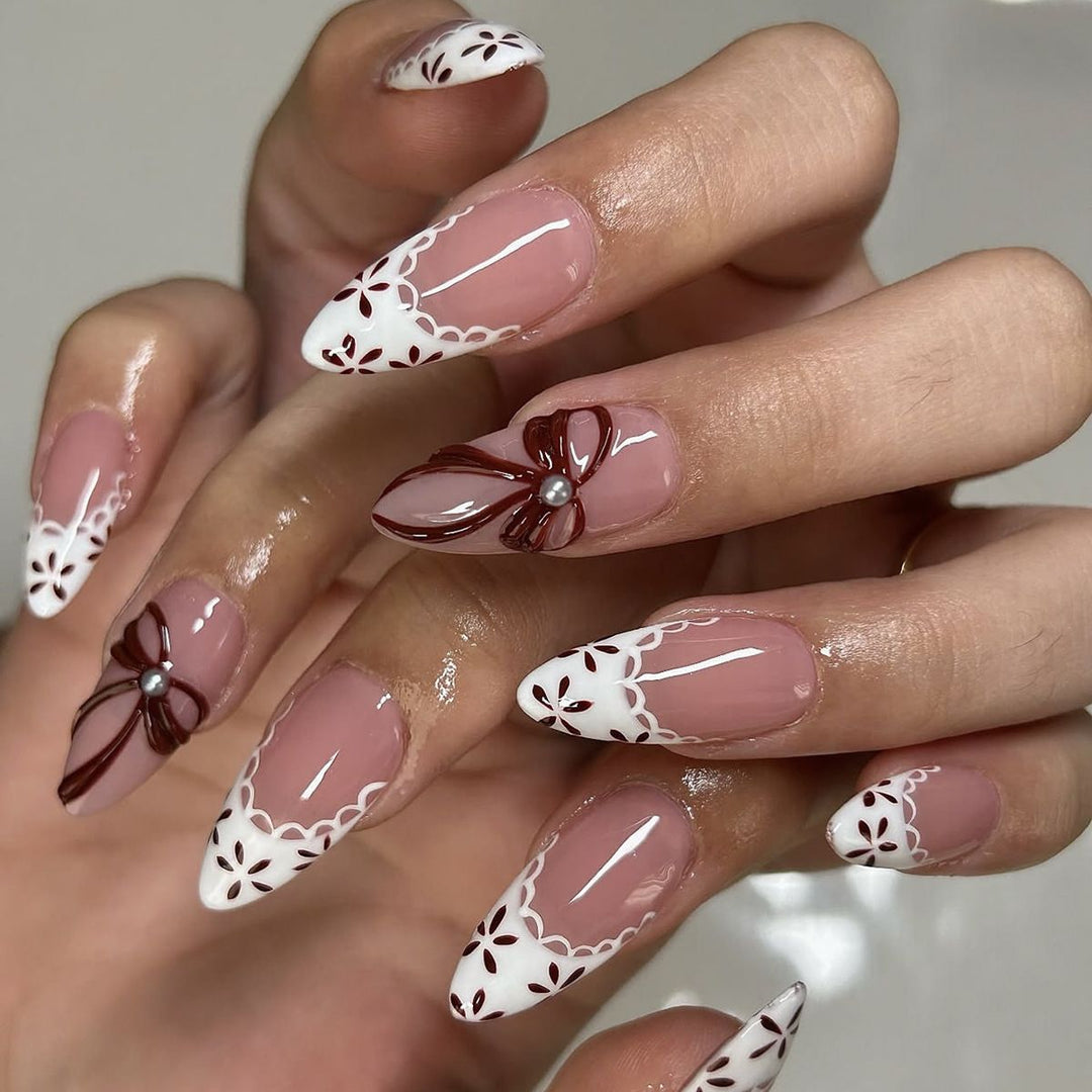 Decorative Press-On Nail Art Set with Floral and Bow Designs Bowlift