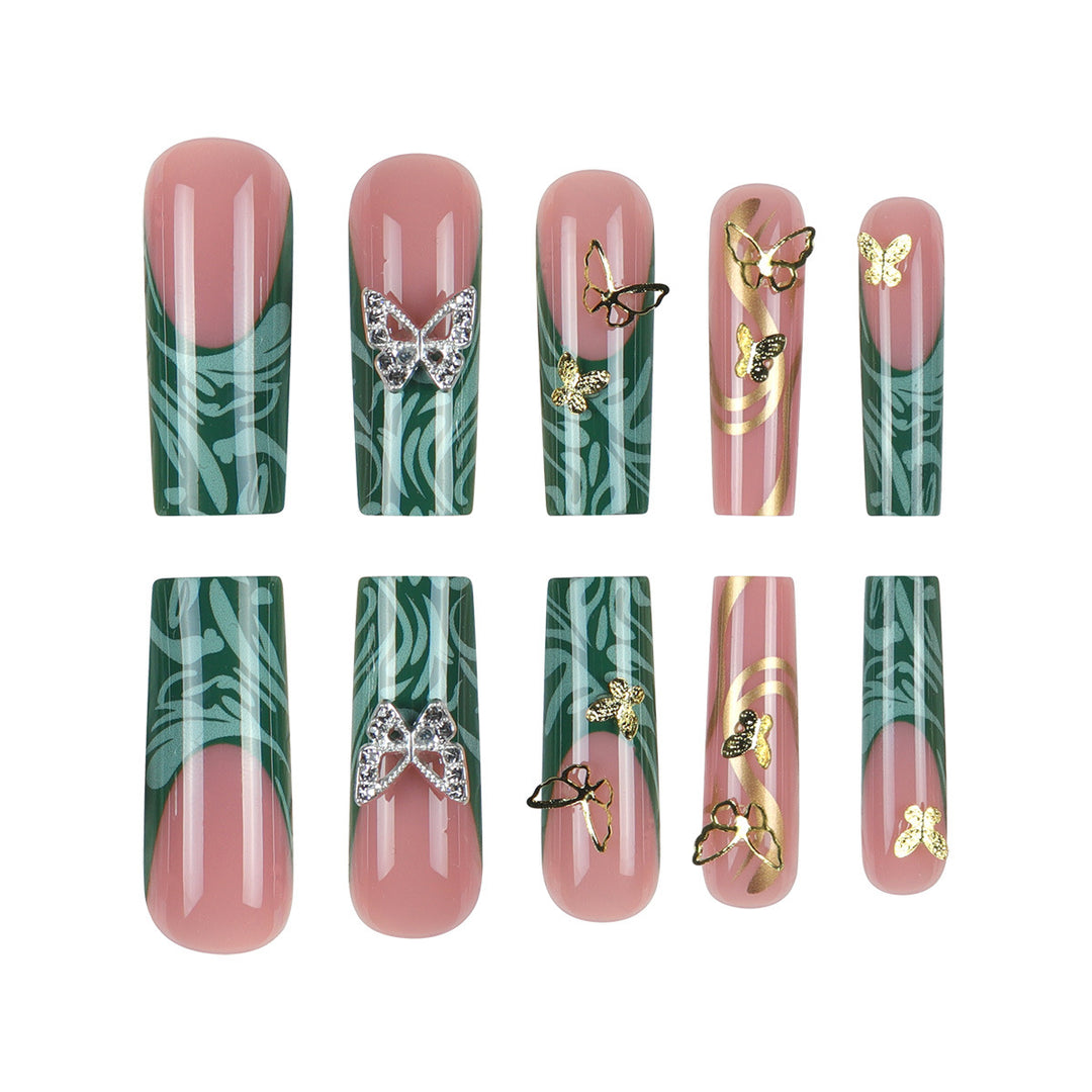 Artistic Long Press-On Nail Set with Butterfly and Gold Accents Bowlift