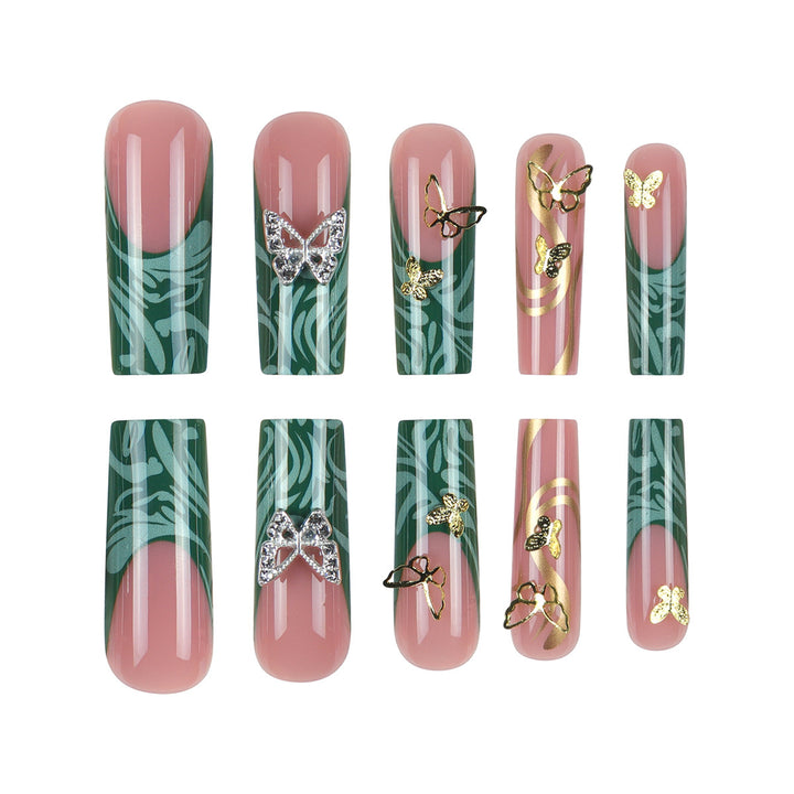 Artistic Long Press-On Nail Set with Butterfly and Gold Accents Bowlift