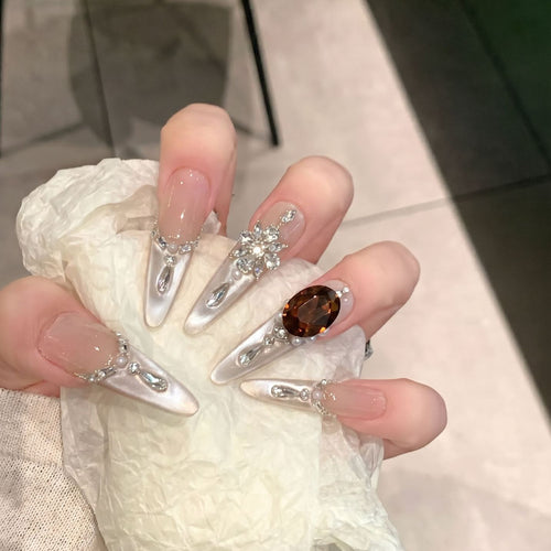 Glamorous Stiletto Press-On Nail Art Set with Elegant Gemstone Embellishments Bowlift