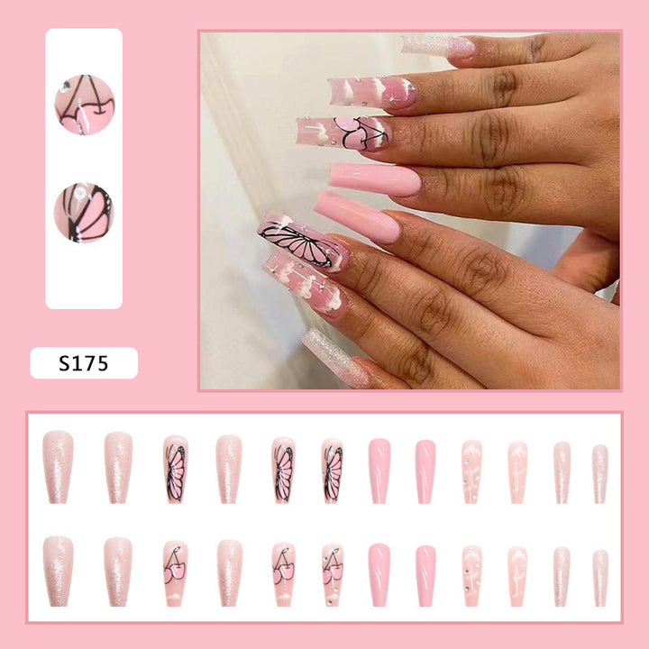 Artificial nail set with romantic butterfly designs and glitter accents Bowlift