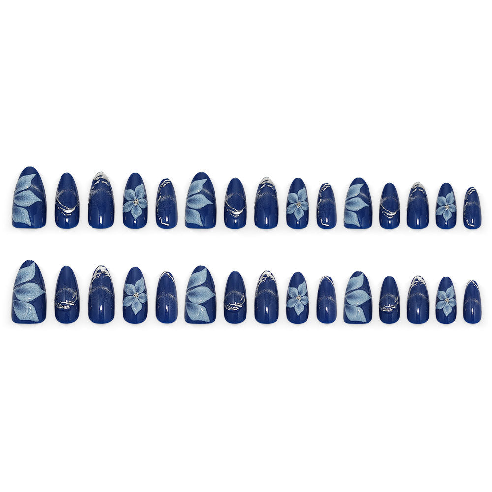Acrylic Nail Set with Elegant Blue Ombre and Floral Design Bowlift
