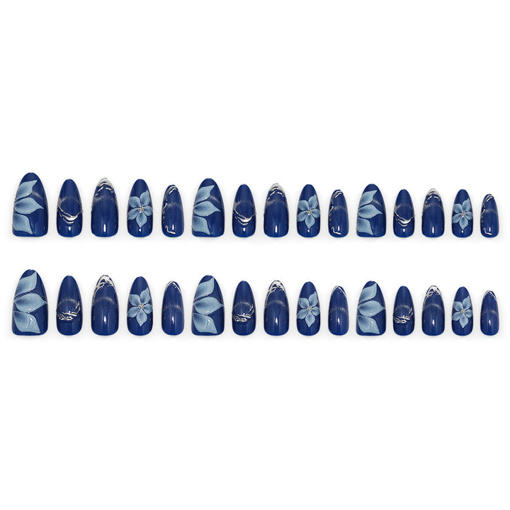 Acrylic Nail Set with Elegant Blue Ombre and Floral Design Bowlift