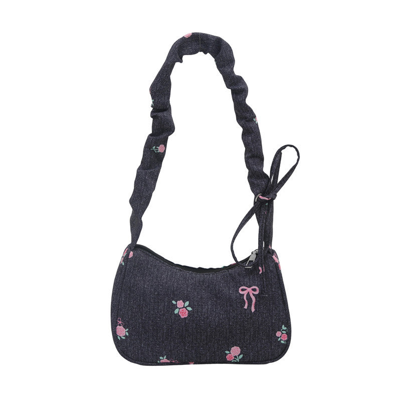 Embroidered Denim Shoulder Bag Bowlift