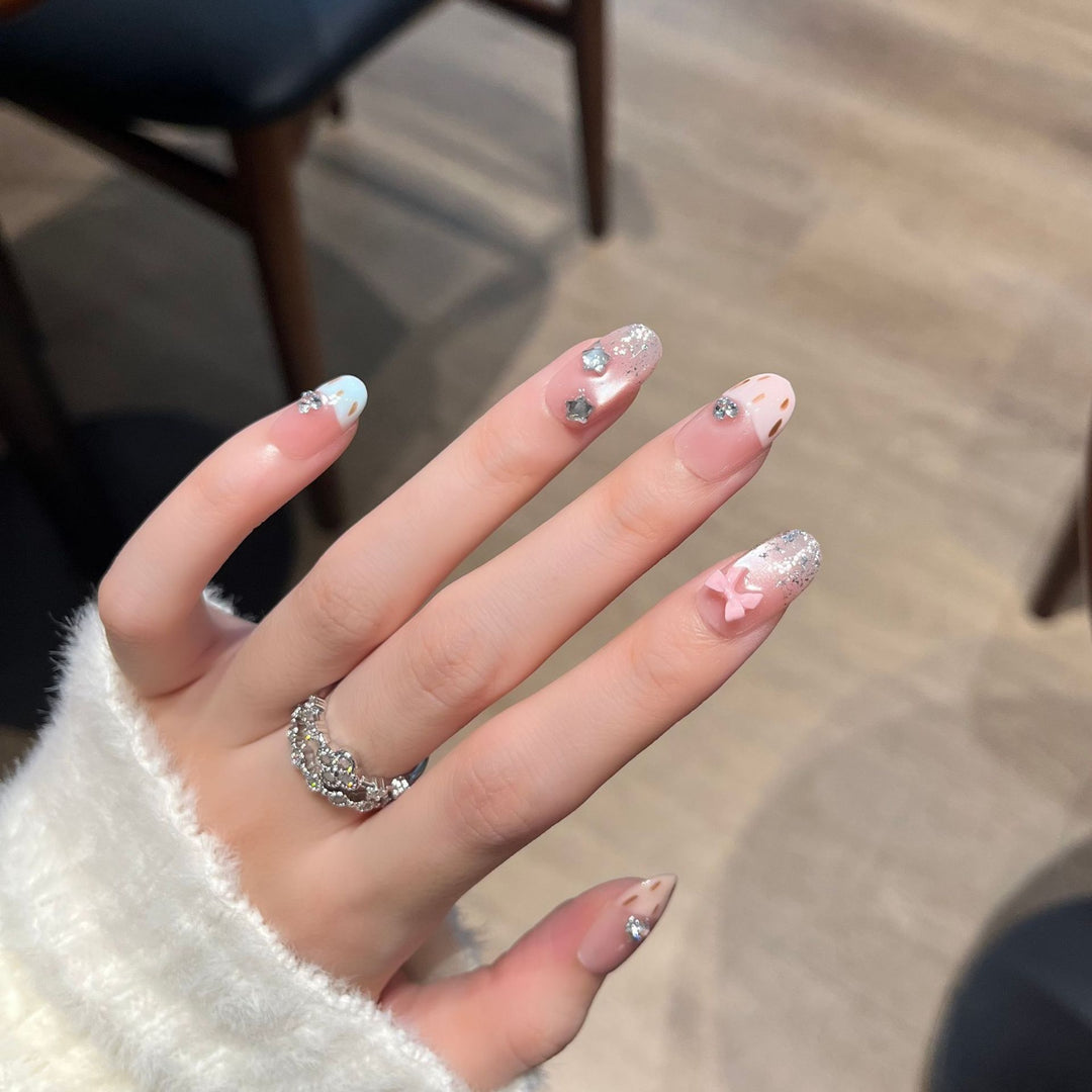 Decorative Press-On Nail Art with Bow and Gem Accents Bowlift