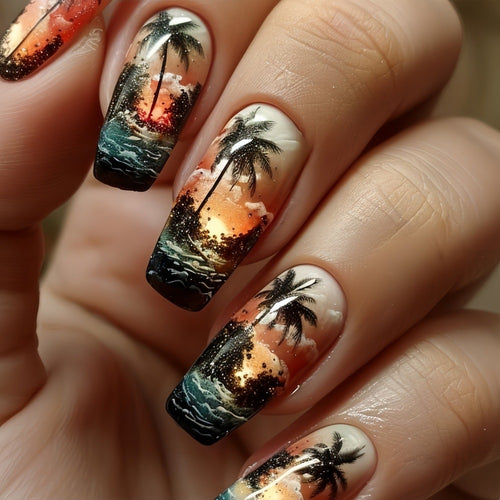 Artificial nails with tropical palm design Bowlift