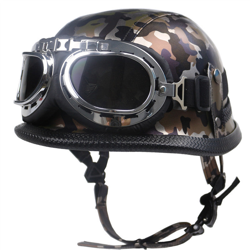 Vintage Leather Biker Helmet with Goggles Bowlift