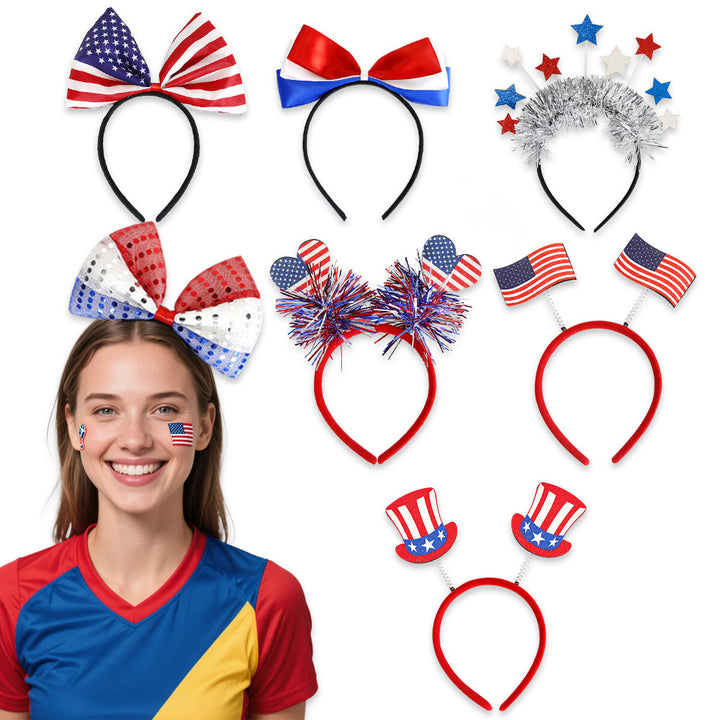 Unisex nan eye-catching party headband with attached pom poms, star tinsel, and small flag pendants Bowlift