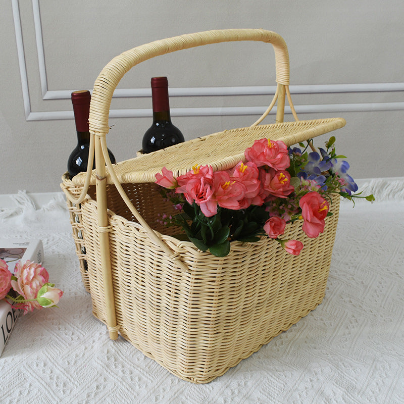 Handcrafted Woven Picnic Basket with Side Drink Holders Bowlift