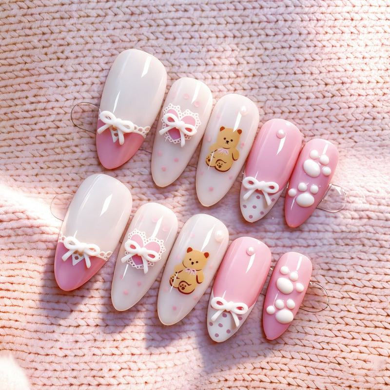 Artistic Bear-Themed Press-On Nail Set Bowlift