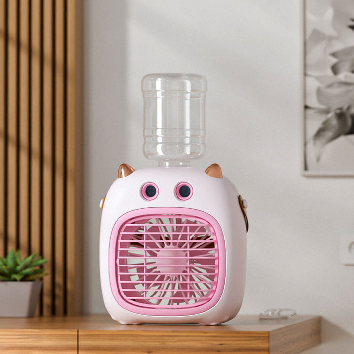Cooling compact tabletop evaporative misting fan humidifier with refillable top-fill reservoir and adjustable airflow Bowlift