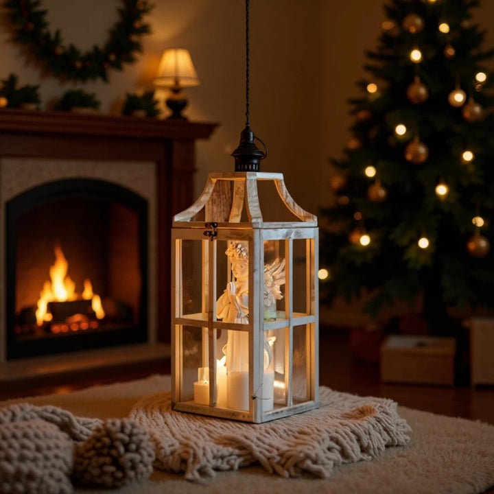Rustic Windowpane Glass and Wood Candle Lantern with Hinged Door Bowlift